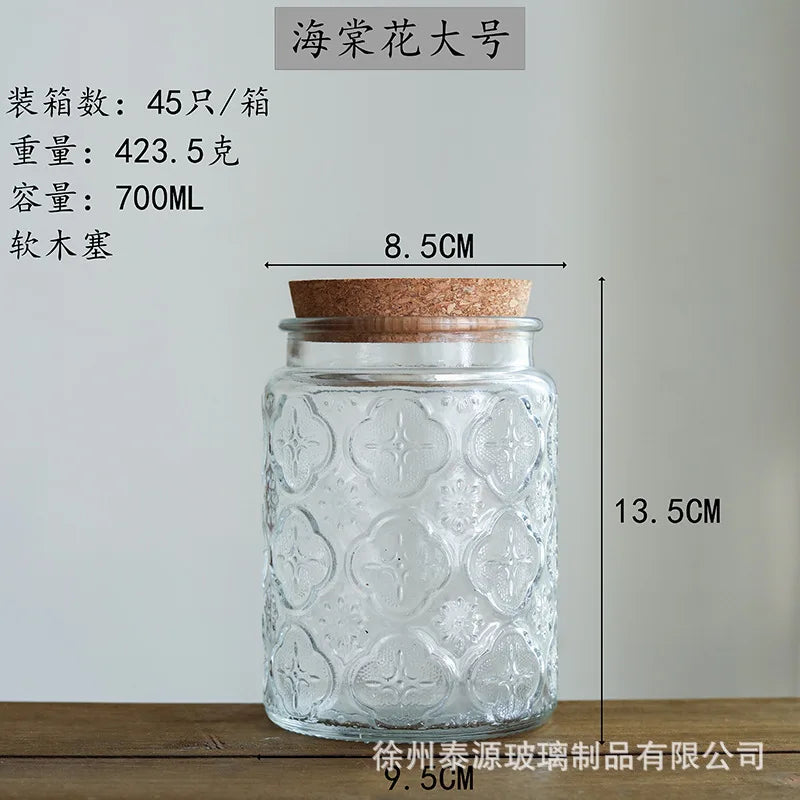 Vintage Square Embossed Glass Jar Acacia Wood Lid Sealed Jar Cylindrical Kitchen Storage Bottle Sugar Food Storage Container New