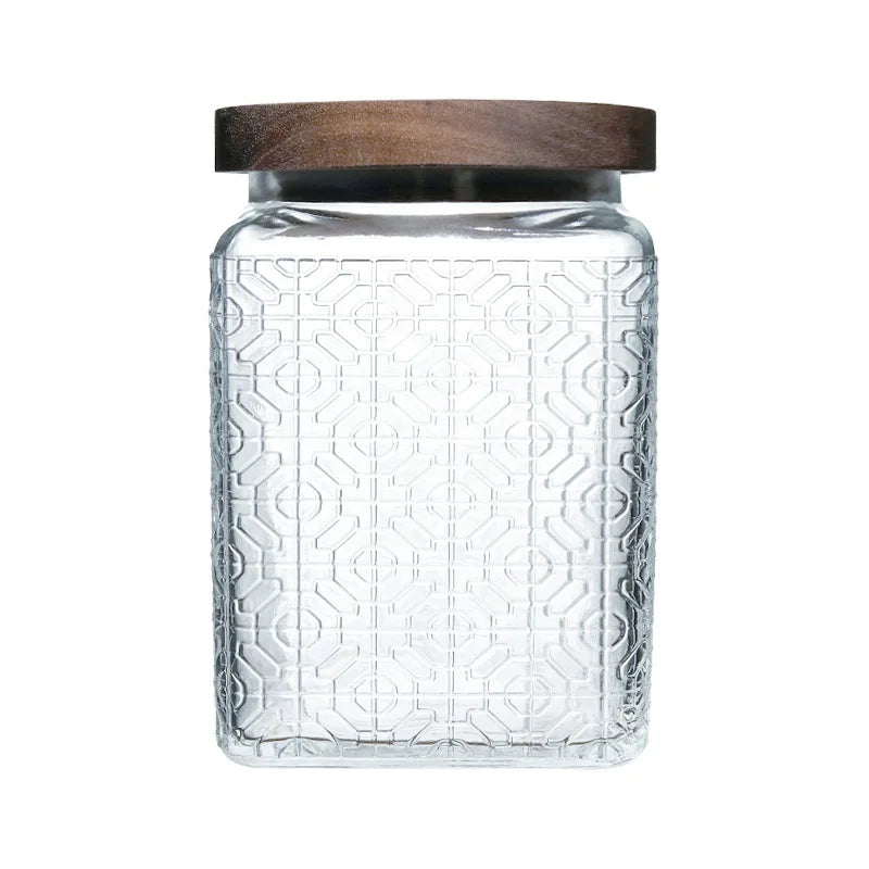Vintage Square Embossed Glass Jar Acacia Wood Lid Sealed Jar Cylindrical Kitchen Storage Bottle Sugar Food Storage Container New