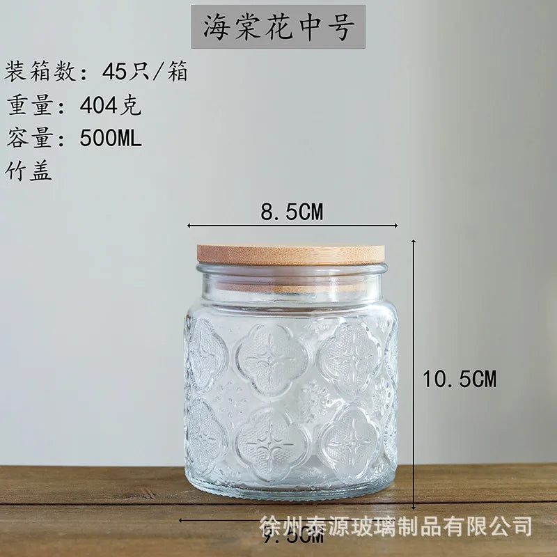 Vintage Square Embossed Glass Jar Acacia Wood Lid Sealed Jar Cylindrical Kitchen Storage Bottle Sugar Food Storage Container New