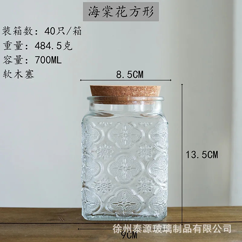 Vintage Square Embossed Glass Jar Acacia Wood Lid Sealed Jar Cylindrical Kitchen Storage Bottle Sugar Food Storage Container New