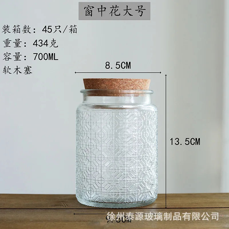 Vintage Square Embossed Glass Jar Acacia Wood Lid Sealed Jar Cylindrical Kitchen Storage Bottle Sugar Food Storage Container New