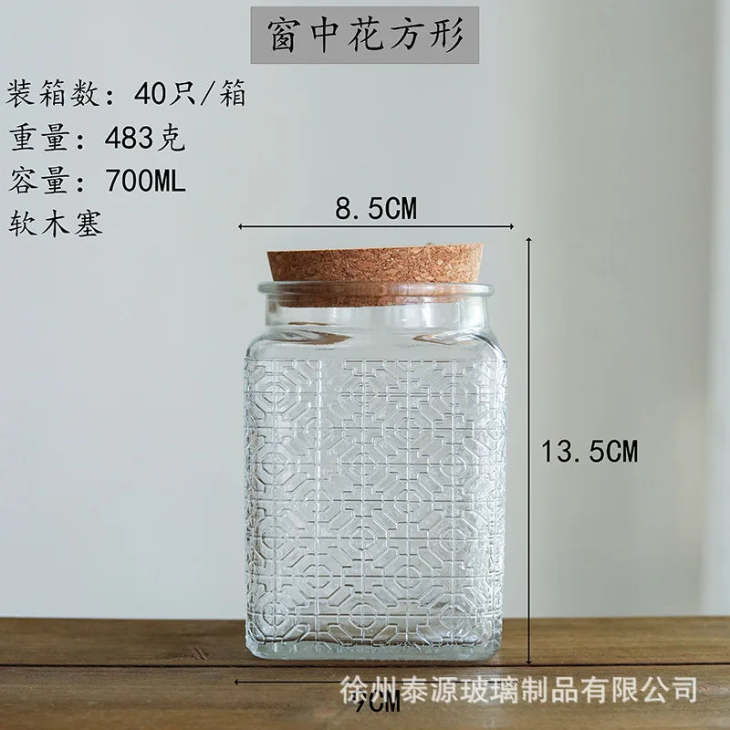 Vintage Square Embossed Glass Jar Acacia Wood Lid Sealed Jar Cylindrical Kitchen Storage Bottle Sugar Food Storage Container New