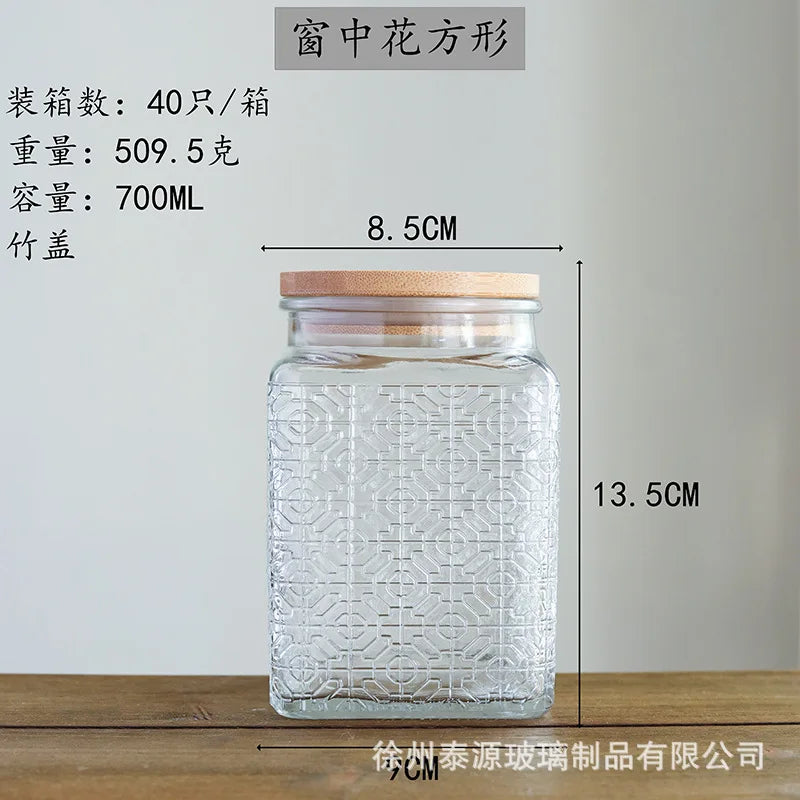Vintage Square Embossed Glass Jar Acacia Wood Lid Sealed Jar Cylindrical Kitchen Storage Bottle Sugar Food Storage Container New